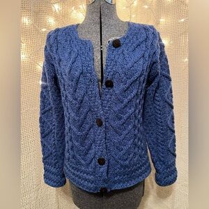 Vintage Carraig Donn Irish Merino Wool Aran Cable Knit Cardigan Speckled Blue M